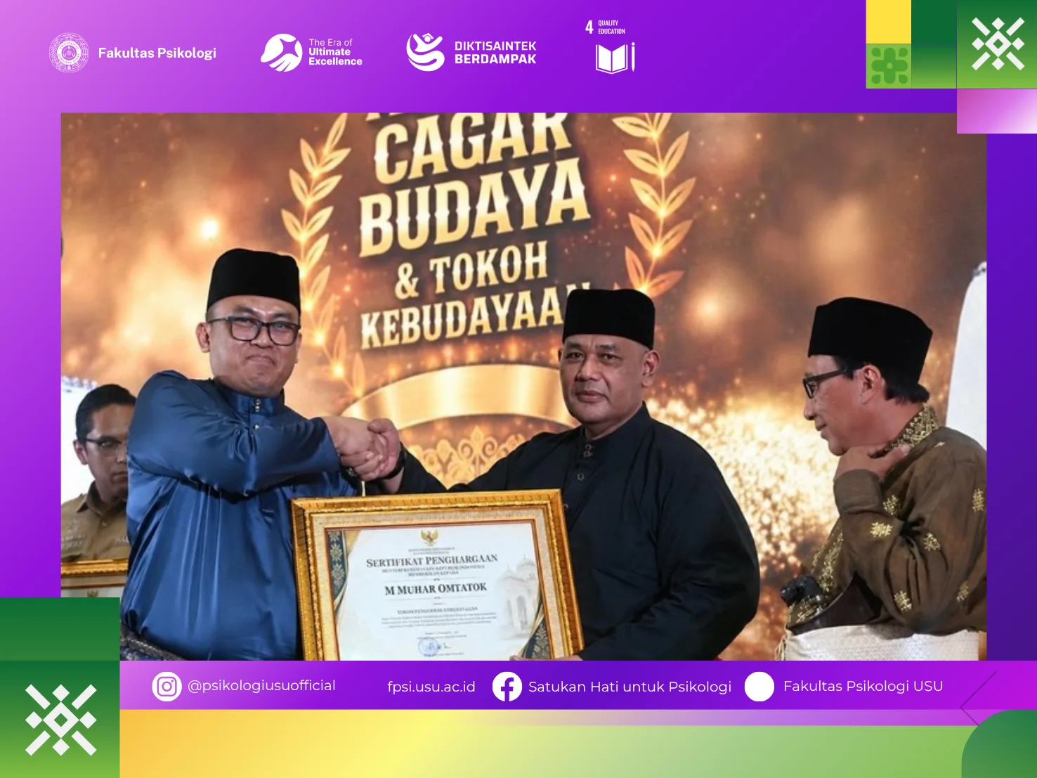 Alumni Magister Psikologi Sains Fakultas Psikologi USU M. Muhar Om Tatok Raih Penghargaan sebagai Tokoh Kebudayaan Indonesia